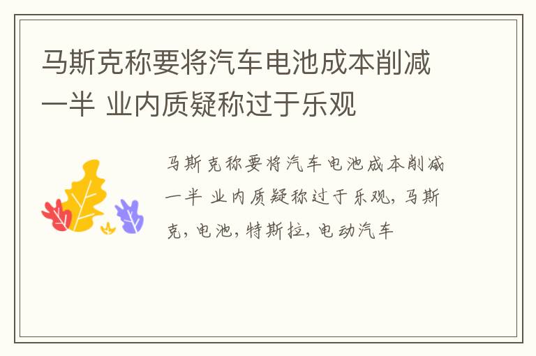 马斯克称要将汽车电池成本削减一半 业内质疑称过于乐观