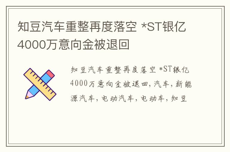 知豆汽车重整再度落空 *ST银亿4000万意向金被退回