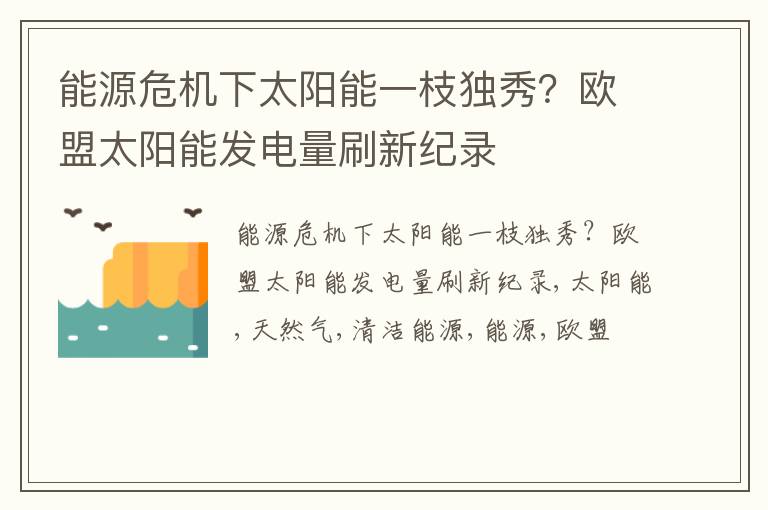 能源危机下太阳能一枝独秀？欧盟太阳能发电量刷新纪录