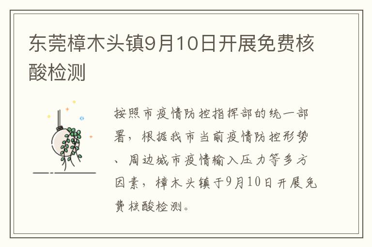 东莞樟木头镇9月10日开展免费核酸检测