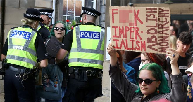 女王灵柩抵达苏格兰首府，现场抗议者举“废除君主制”标语被捕