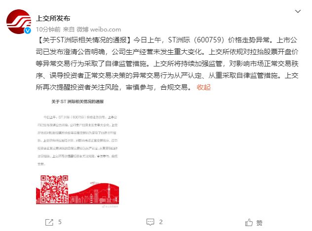 上交所发布关于ST洲际相关情况的通报：依规对异常交易行为采取了自律监管措施