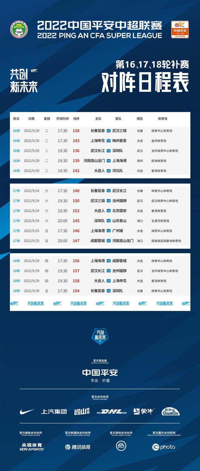 中超官方:16、17、18轮补赛9月下旬进行 大连3主场