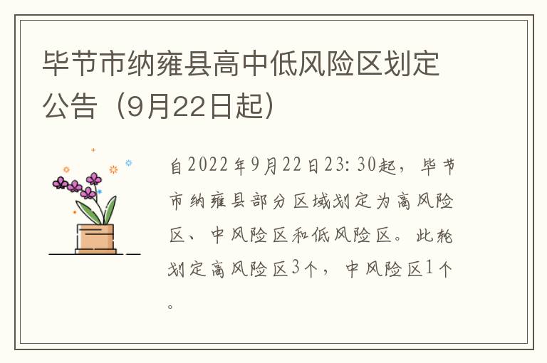 毕节市纳雍县高中低风险区划定公告（9月22日起）