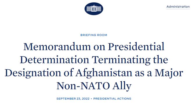 白宫发声明：拜登正式撤销阿富汗作为美国“非北约主要盟国”地位