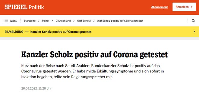 朔尔茨阳性，刚结束中东之行