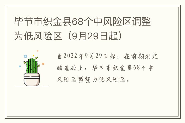 毕节市织金县68个中风险区调整为低风险区（9月29日起）