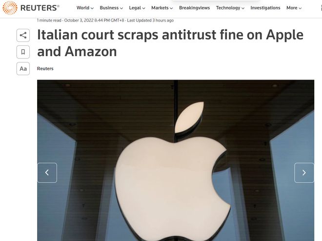 苹果和亚马逊 12 亿元反垄断罚款被意大利法院推翻，不用交钱了