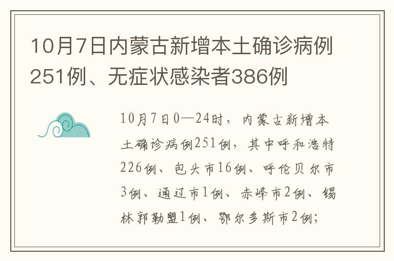 10月7日内蒙古新增本土确诊病例251例、无症状感染者386例