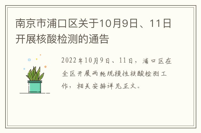 南京市浦口区关于10月9日、11日开展核酸检测的通告