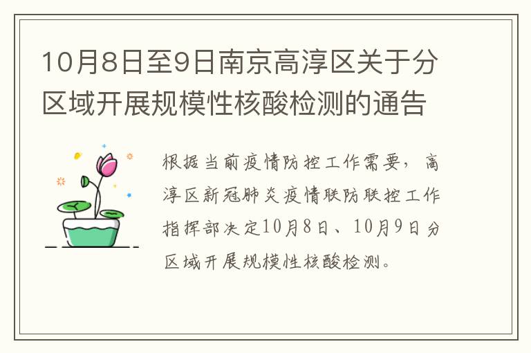 10月8日至9日南京高淳区关于分区域开展规模性核酸检测的通告