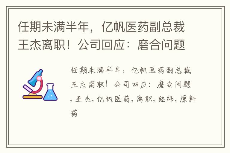 任期未满半年，亿帆医药副总裁王杰离职！公司回应：磨合问题