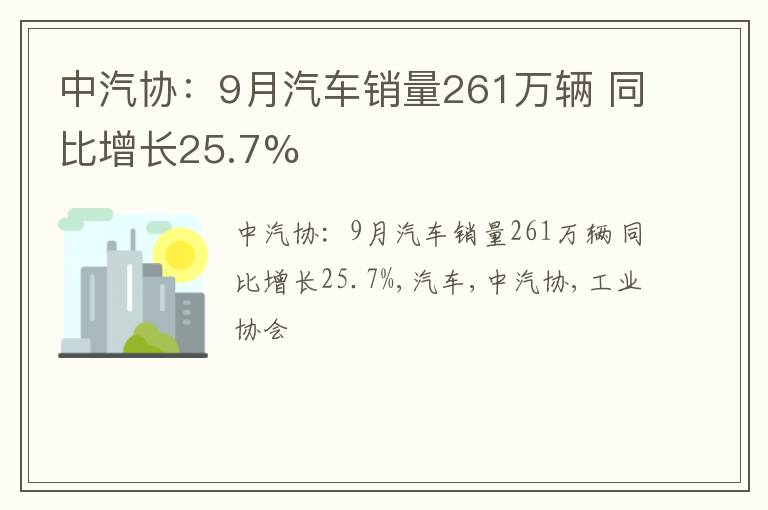 中汽协：9月汽车销量261万辆 同比增长25.7%