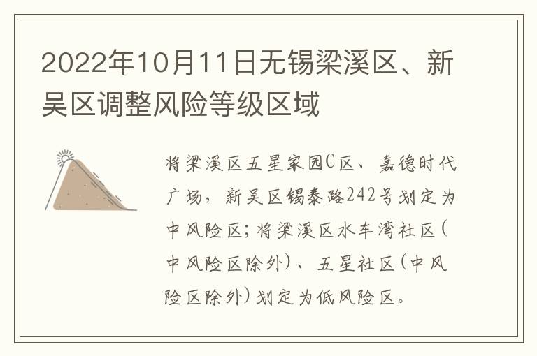 2022年10月11日无锡梁溪区、新吴区调整风险等级区域