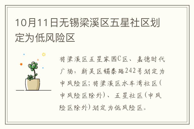 10月11日无锡梁溪区五星社区划定为低风险区