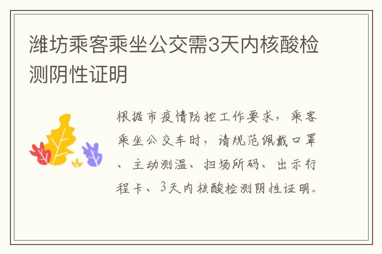 潍坊乘客乘坐公交需3天内核酸检测阴性证明