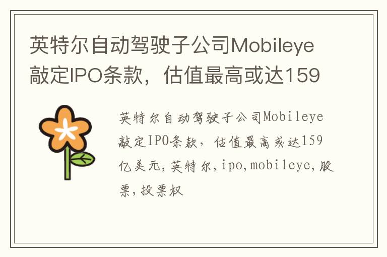 英特尔自动驾驶子公司Mobileye敲定IPO条款，估值最高或达159亿美元