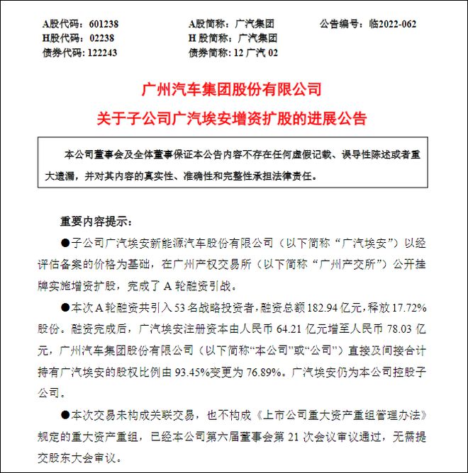 广汽埃安完成超180亿元A轮融资，剑指2023年IPO