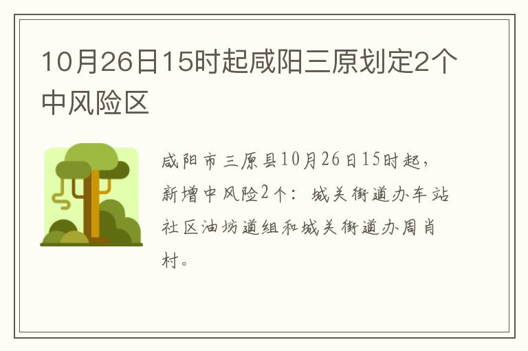 10月26日15时起咸阳三原划定2个中风险区