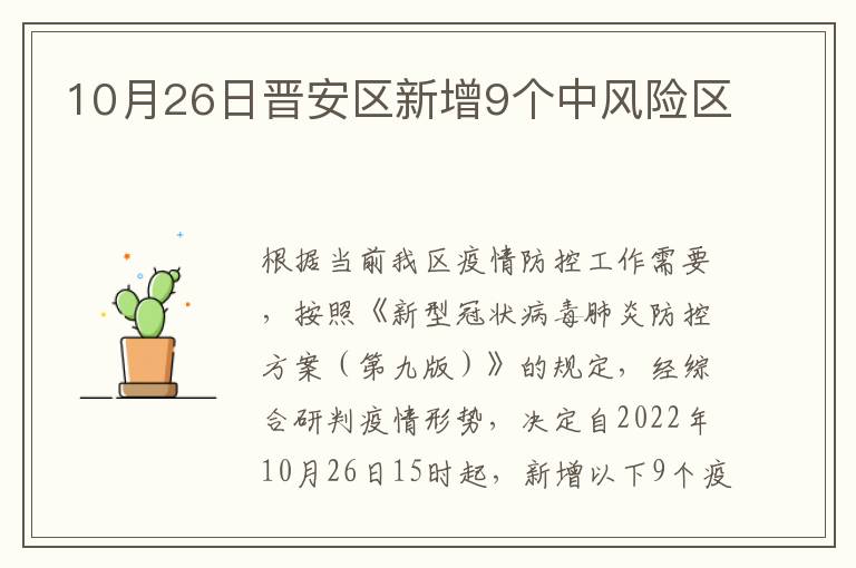 10月26日晋安区新增9个中风险区