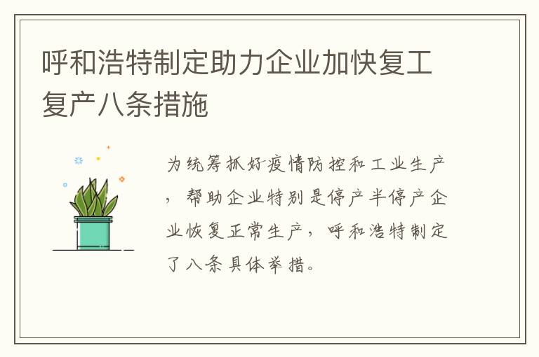 呼和浩特制定助力企业加快复工复产八条措施