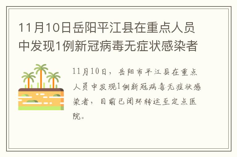 11月10日岳阳平江县在重点人员中发现1例新冠病毒无症状感染者