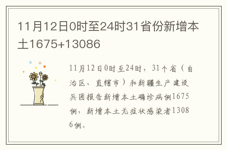 11月12日0时至24时31省份新增本土1675+13086
