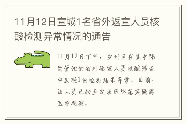 11月12日宣城1名省外返宣人员核酸检测异常情况的通告