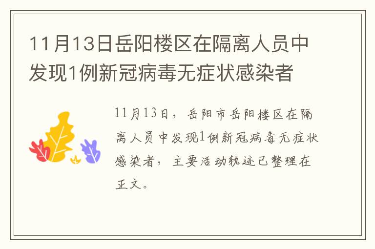 11月13日岳阳楼区在隔离人员中发现1例新冠病毒无症状感染者