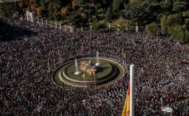 西班牙数十万人街头抗议：身穿白大褂脸上画心电图 要求改善医保