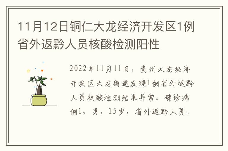 11月12日铜仁大龙经济开发区1例省外返黔人员核酸检测阳性
