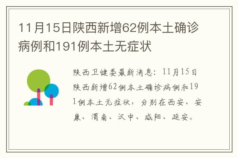 11月15日陕西新增62例本土确诊病例和191例本土无症状