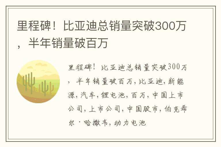 里程碑！比亚迪总销量突破300万，半年销量破百万