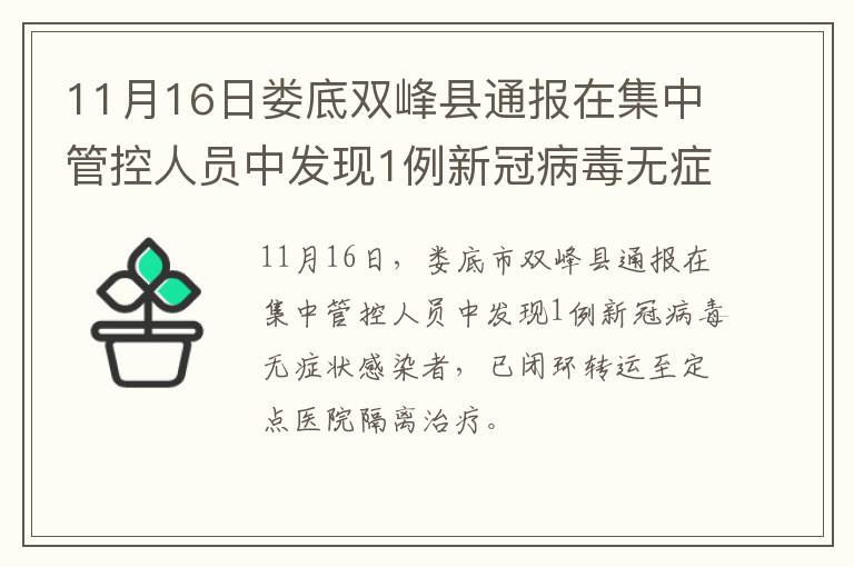 11月16日娄底双峰县通报在集中管控人员中发现1例新冠病毒无症状感染者