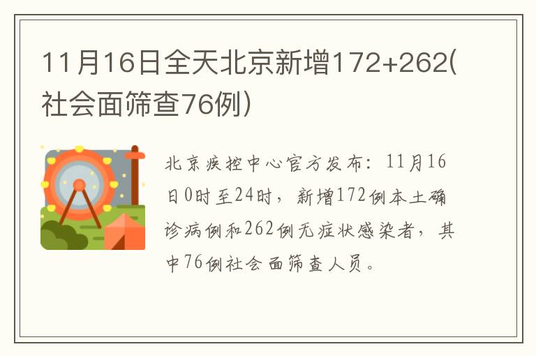 11月16日全天北京新增172+262(社会面筛查76例)