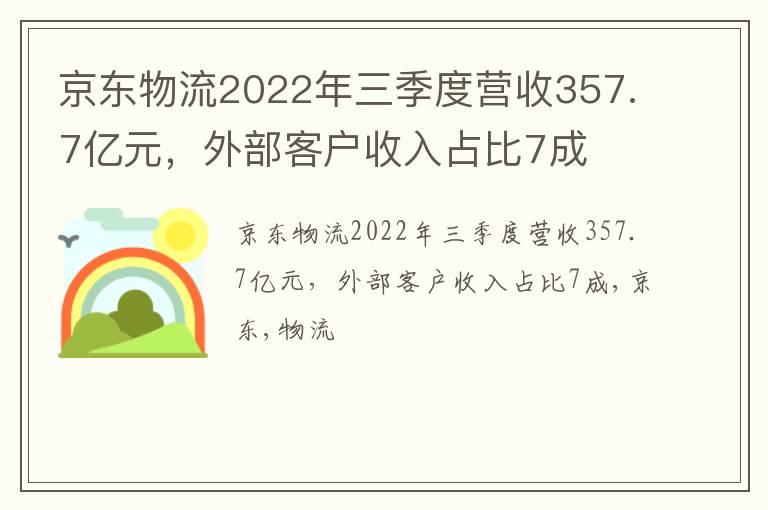 京东物流2022年三季度营收357.7亿元，外部客户收入占比7成