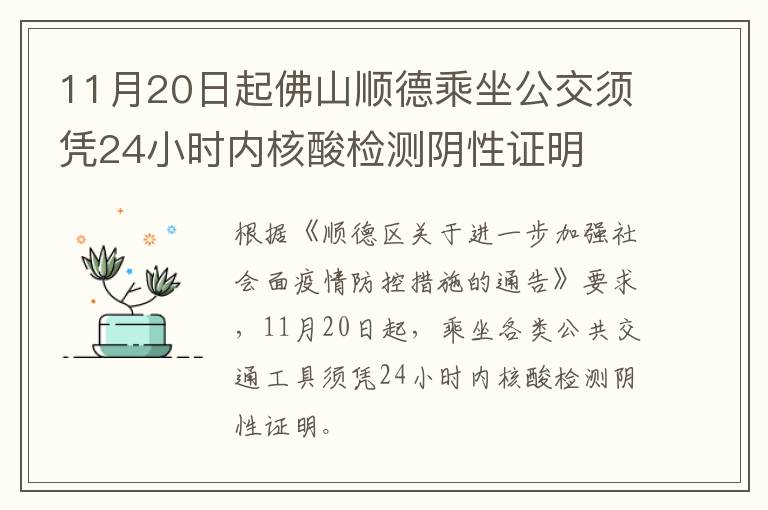 11月20日起佛山顺德乘坐公交须凭24小时内核酸检测阴性证明