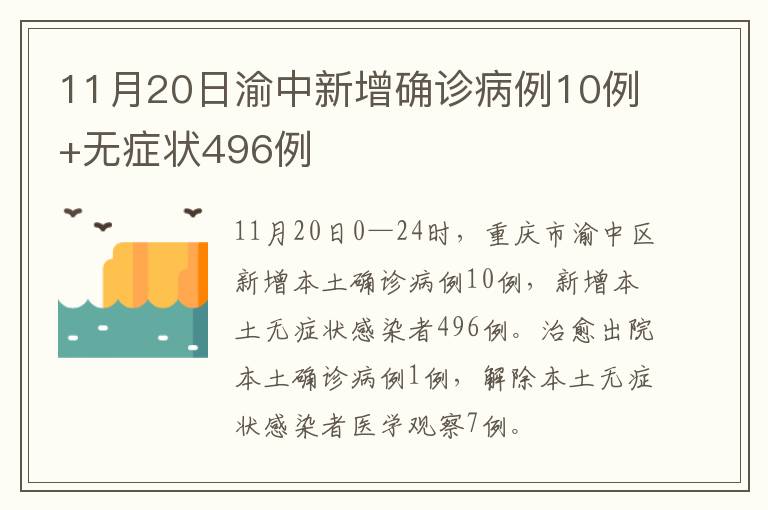 11月20日渝中新增确诊病例10例+无症状496例