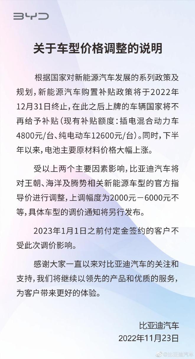 比亚迪汽车：上调王朝、海洋及腾势相关新能源车型的官方指导价 幅度2000元一6000元不等