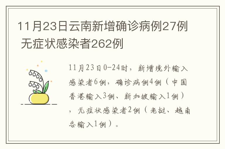 11月23日云南新增确诊病例27例 无症状感染者262例