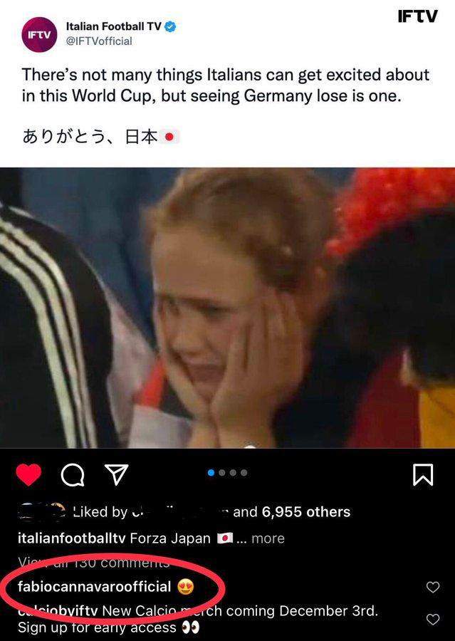 德国输球后意媒发文＂谢谢你,日本＂ 卡纳瓦罗点赞