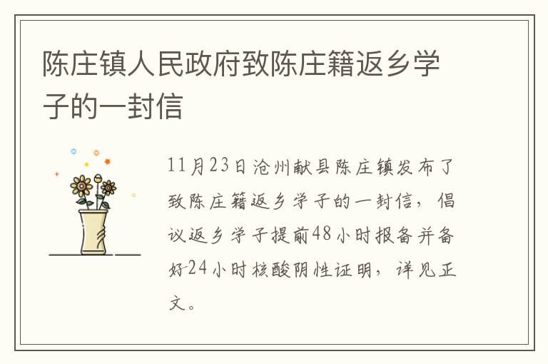 陈庄镇人民政府致陈庄籍返乡学子的一封信