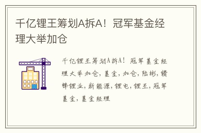 千亿锂王筹划A拆A！冠军基金经理大举加仓