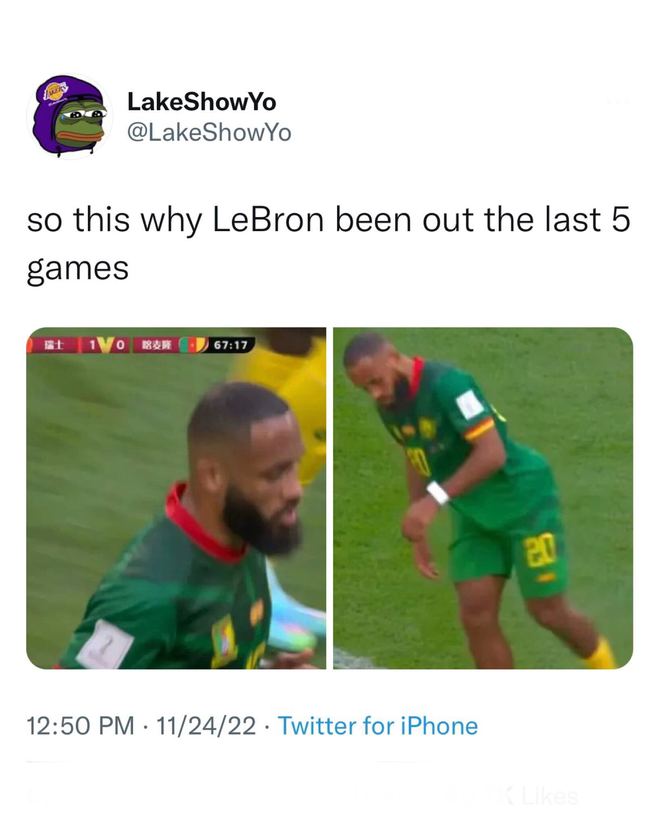 笑哭…勒布朗缺席NBA比赛,原来是去踢世界杯了