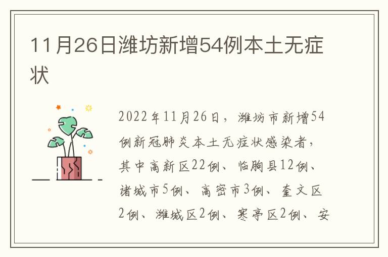 11月26日潍坊新增54例本土无症状
