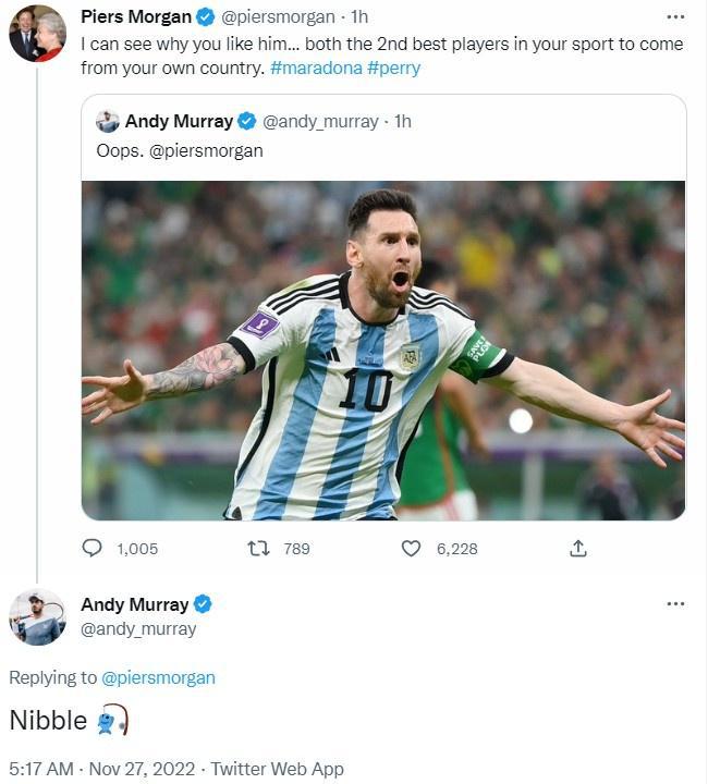 阿根廷赢球后摩根被穆雷嘲讽 回应：老二惺惺相惜