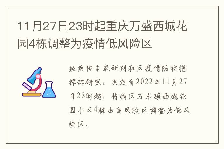 11月27日23时起重庆万盛西城花园4栋调整为疫情低风险区