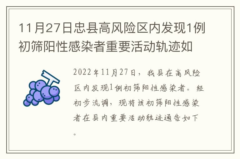 11月27日忠县高风险区内发现1例初筛阳性感染者重要活动轨迹如下