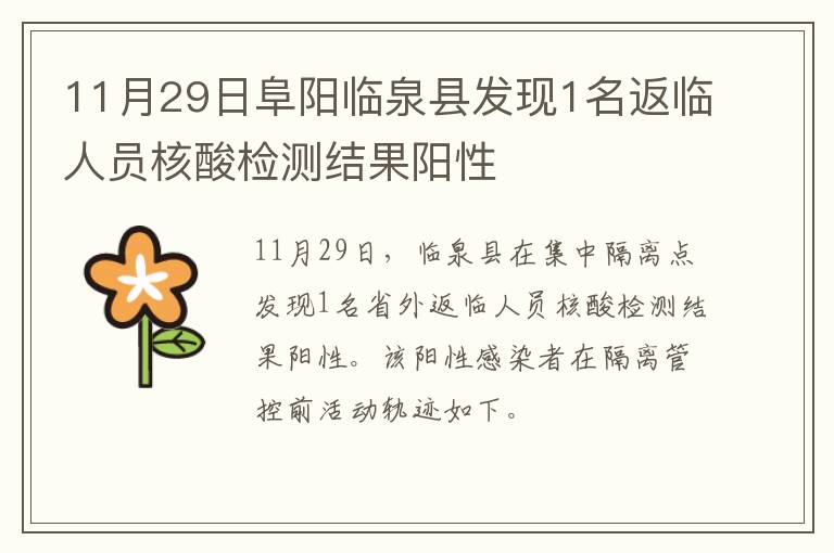 11月29日阜阳临泉县发现1名返临人员核酸检测结果阳性
