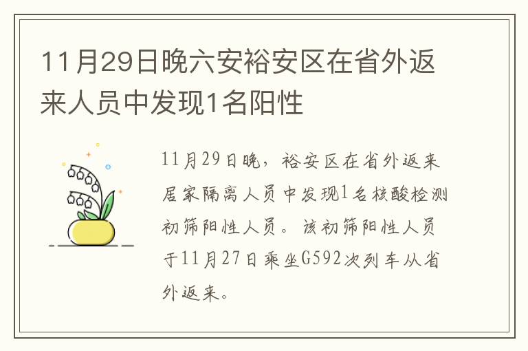 11月29日晚六安裕安区在省外返来人员中发现1名阳性